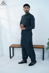 Deep Teal Textured Men’s Kameez Shalwar with Waistcoat (RJ-KW165)