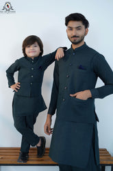 Deep Teal Textured Men’s Kameez Shalwar with Waistcoat (RJ-KW165)