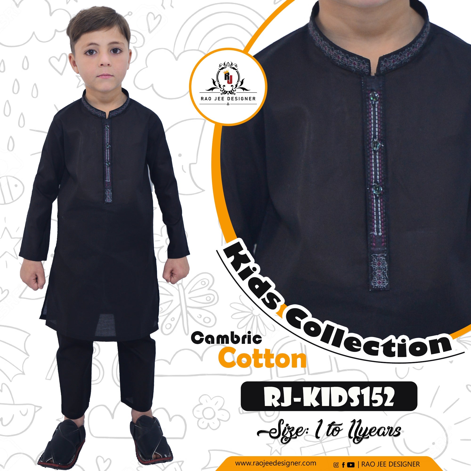 Black Boy's cotton Kurta Pajama RJ - KIDS153 - Rao Jee Designer