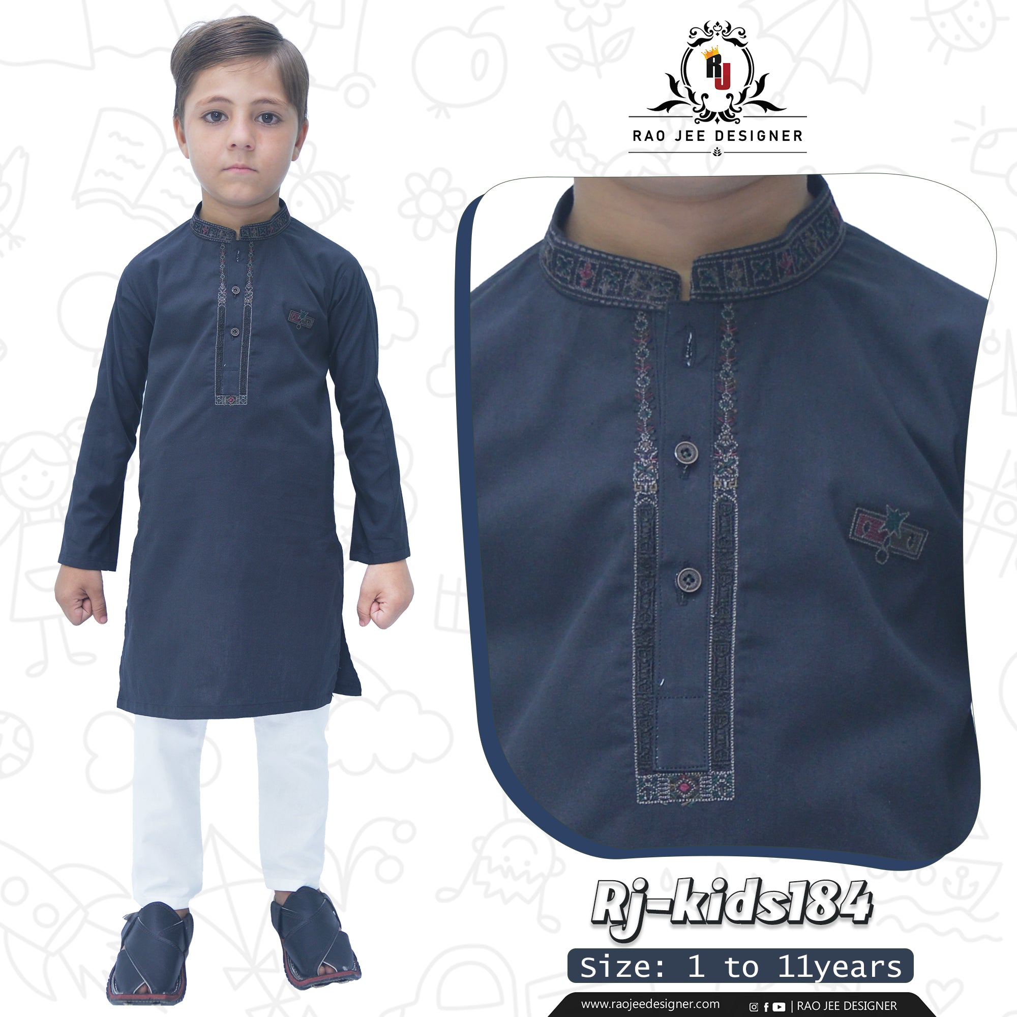 Black Boy's cotton Kurta Pajama RJ - KIDS184 - Rao Jee Designer