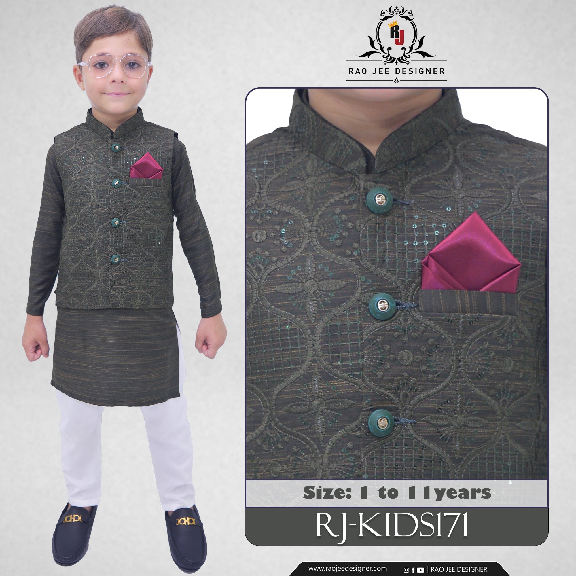 Boys Green Kurta Pajama with Sequence Embroidery Waistcoat RJ - KIDS171 - Rao Jee Designer