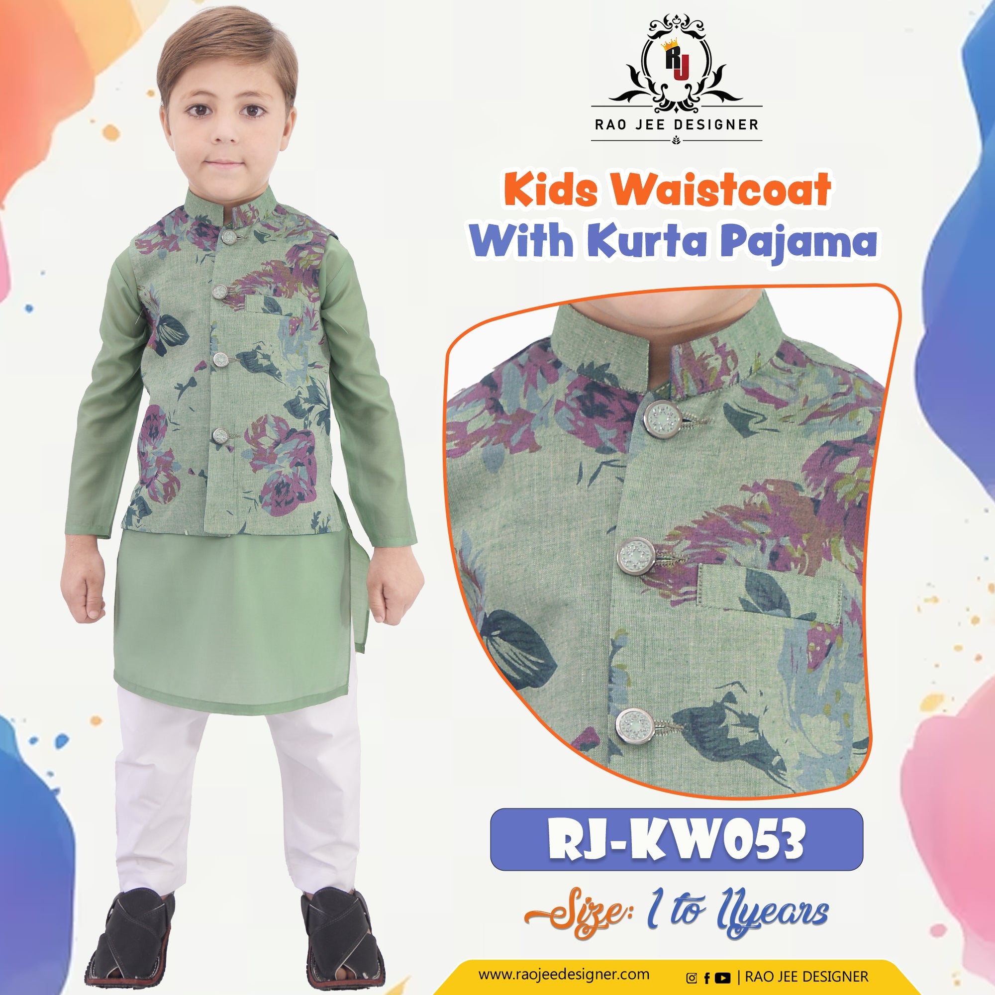 Boy's Kurta Pajama with Printed Waistcoat RJ - KW053 - Rao Jee Designer
