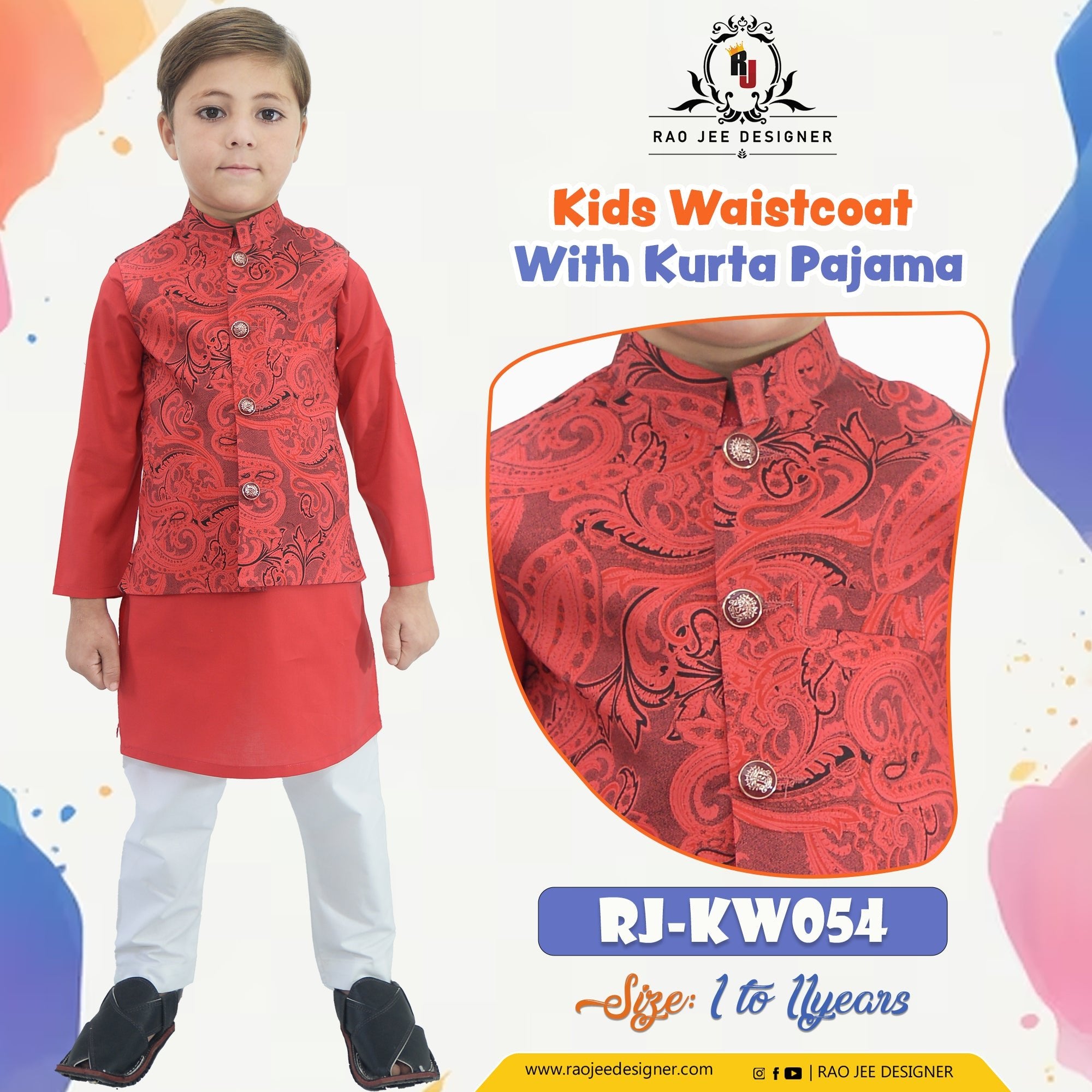 Boy's Kurta Pajama with Printed Waistcoat RJ - KW054 - Rao Jee Designer