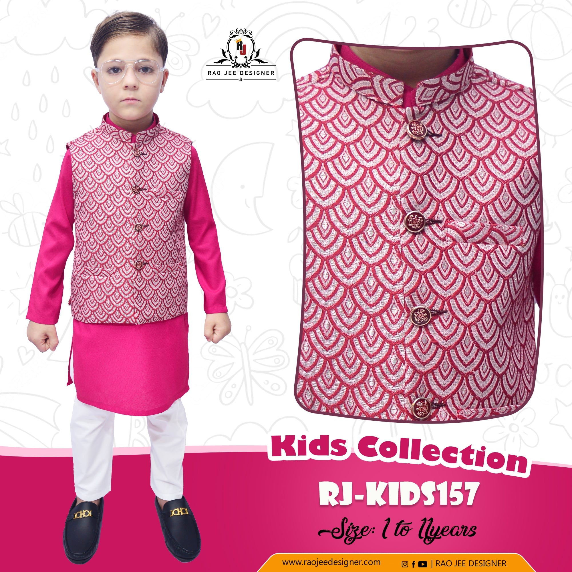 Boys Pink Kurta Pajama with Waistcoat RJ - KIDS157 - Rao Jee Designer