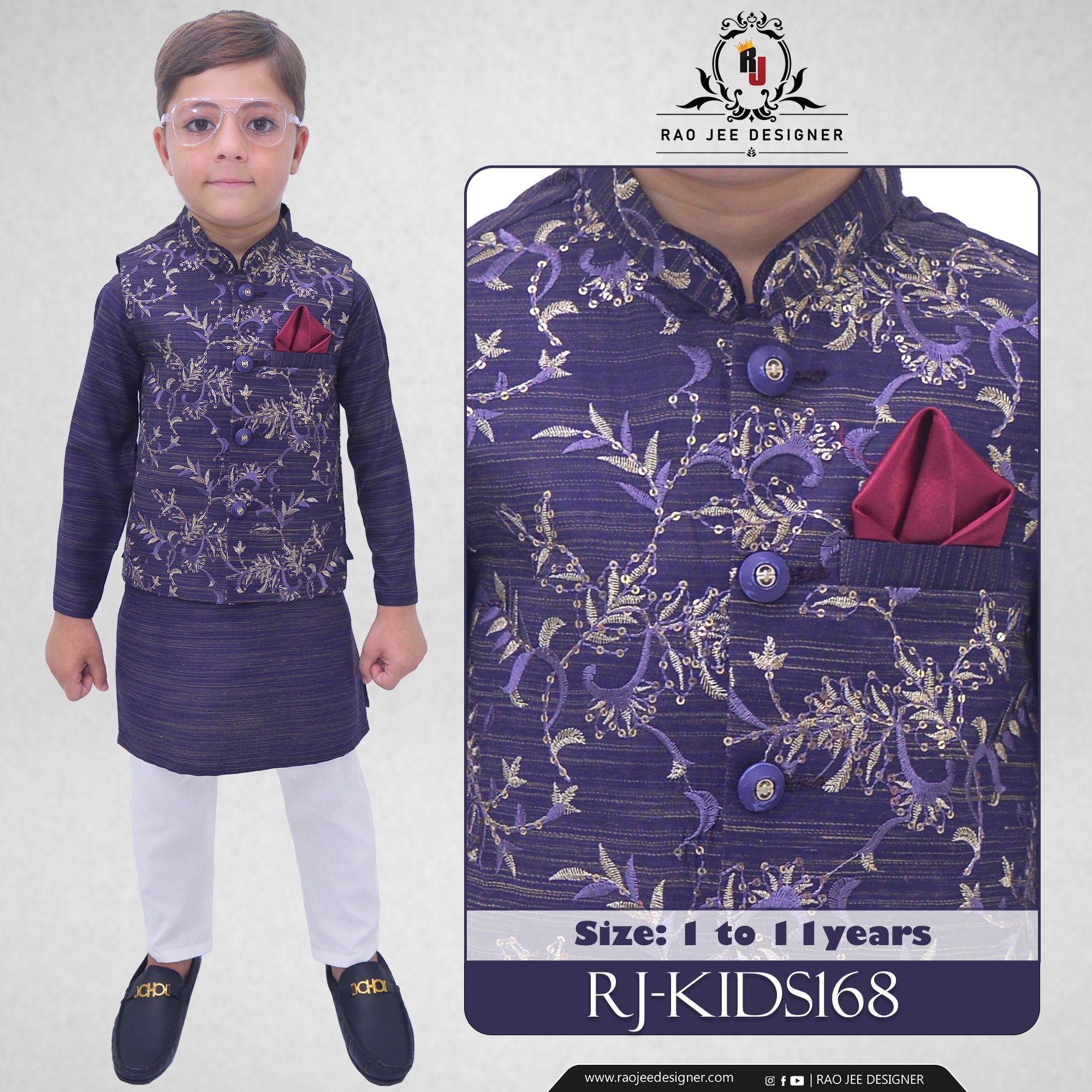 Boys Purple Kurta Pajama with Sequence Embroidery Waistcoat RJ - KIDS168 - Rao Jee Designer