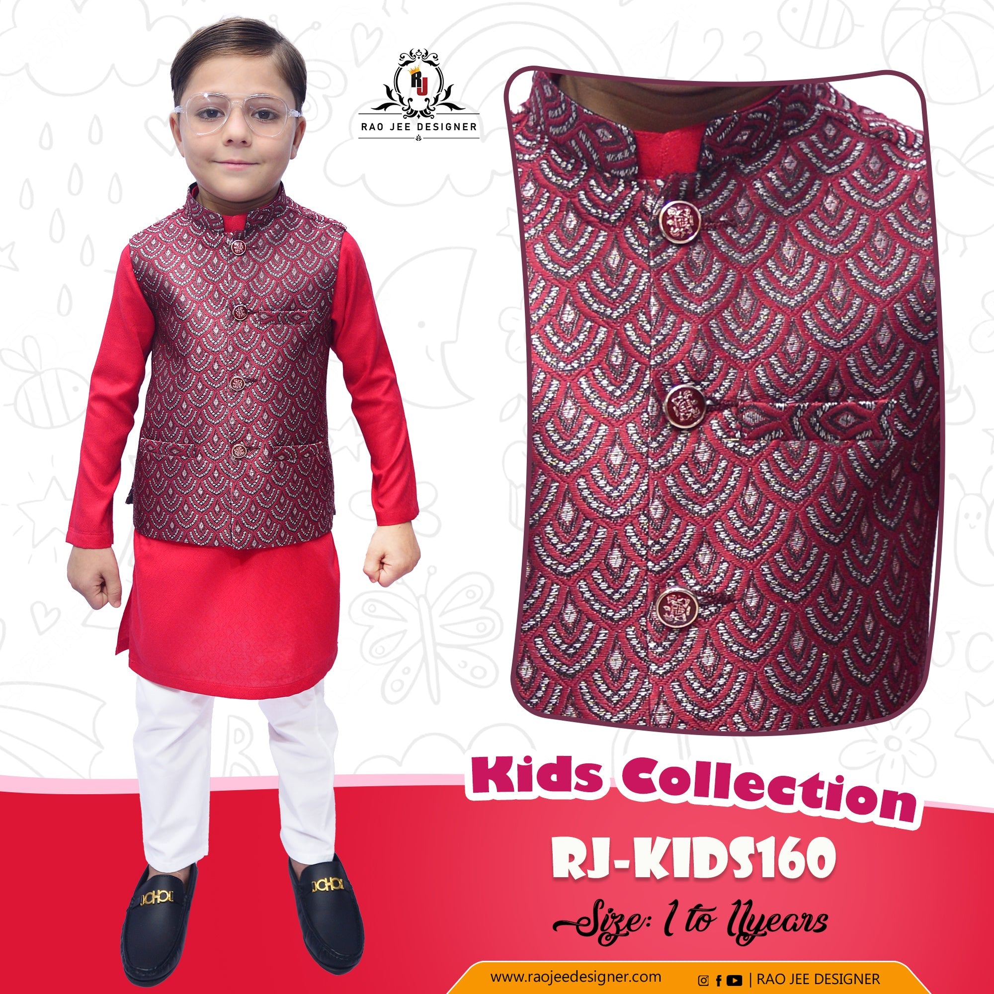 Boys Red Kurta Pajama with Waistcoat RJ - KIDS160 - Rao Jee Designer