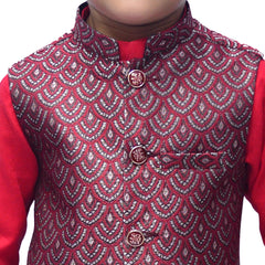 Boys Red Kurta Pajama with Waistcoat RJ - KIDS160 - Rao Jee Designer