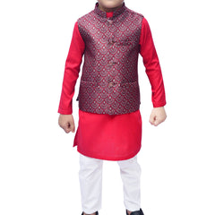 Boys Red Kurta Pajama with Waistcoat RJ - KIDS160 - Rao Jee Designer