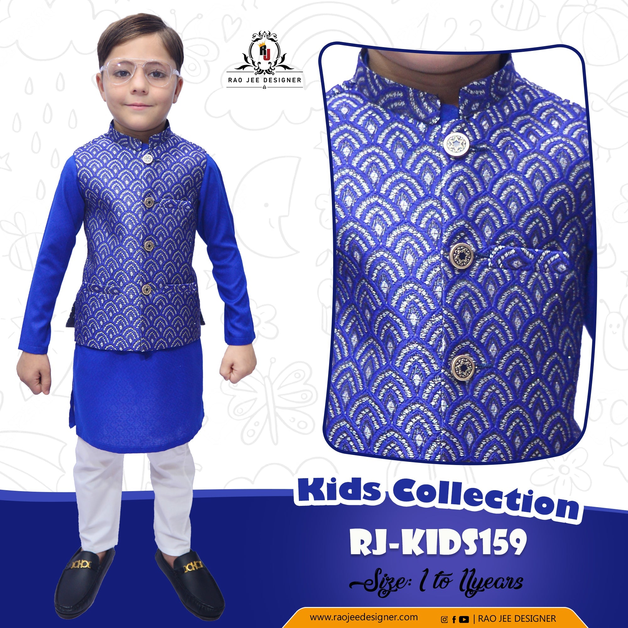 Boys Royal Blue Kurta Pajama with Waistcoat RJ - KIDS159 - Rao Jee Designer