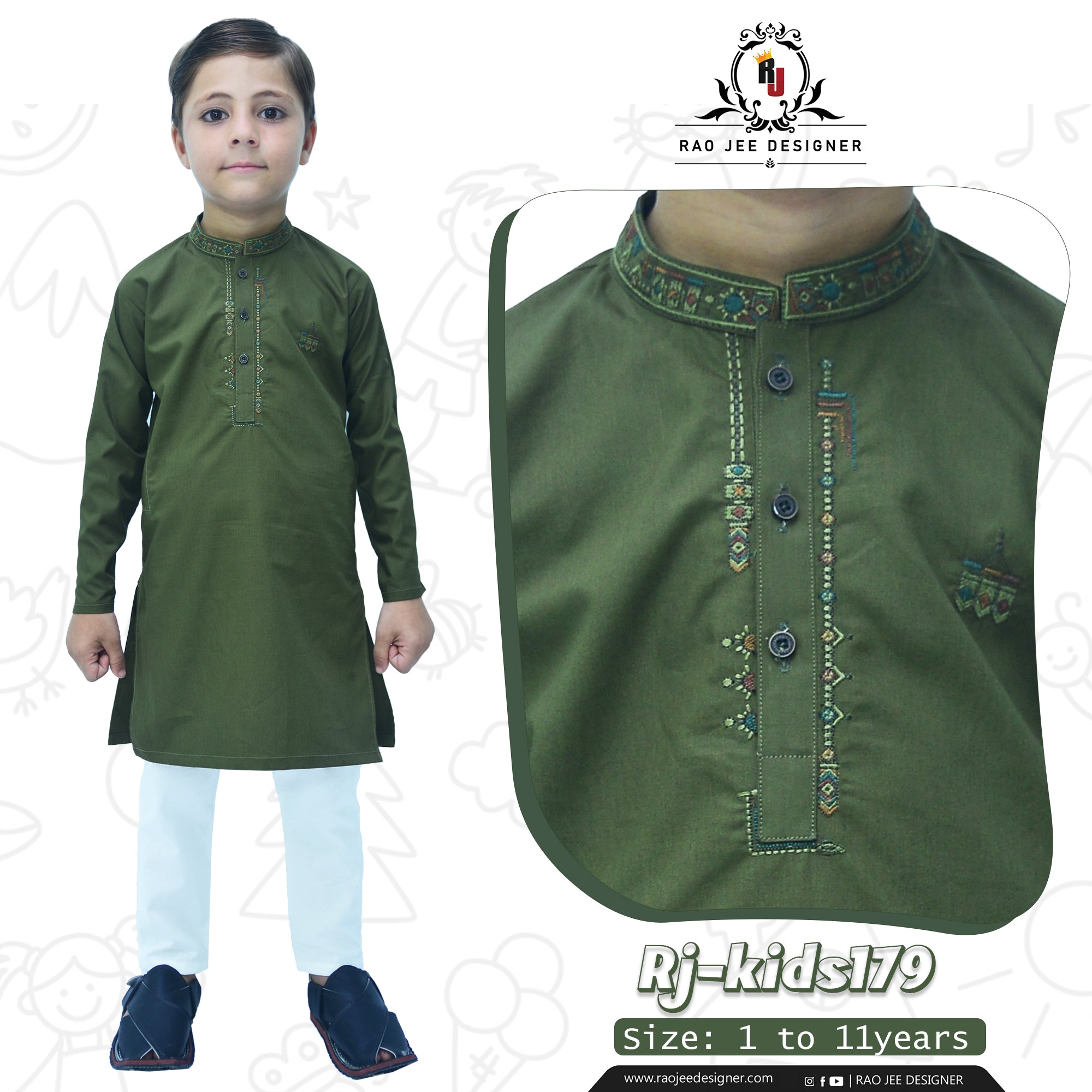 Dark Green Boy's cotton Kurta Pajama RJ - KIDS179 - Rao Jee Designer