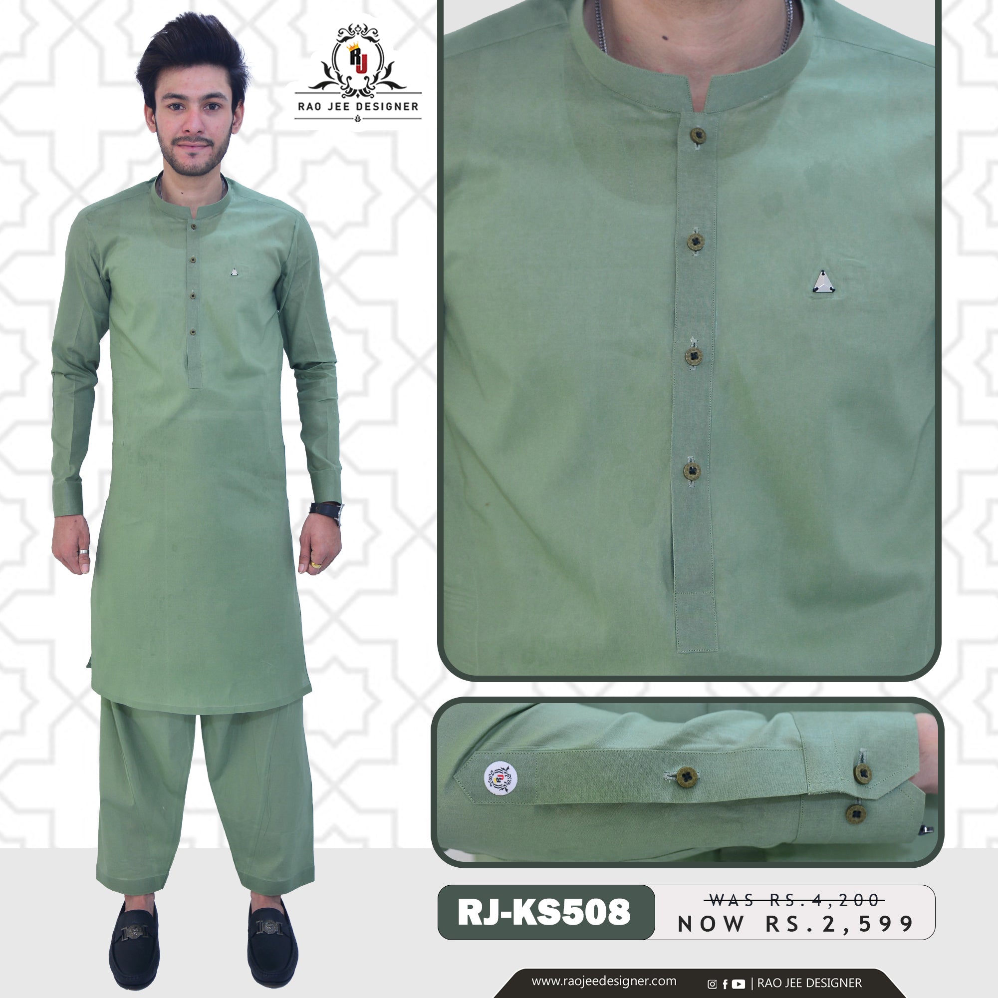 Green Cotton Men's Kameez Shalwar RJ - KS508 - Rao Jee Designer