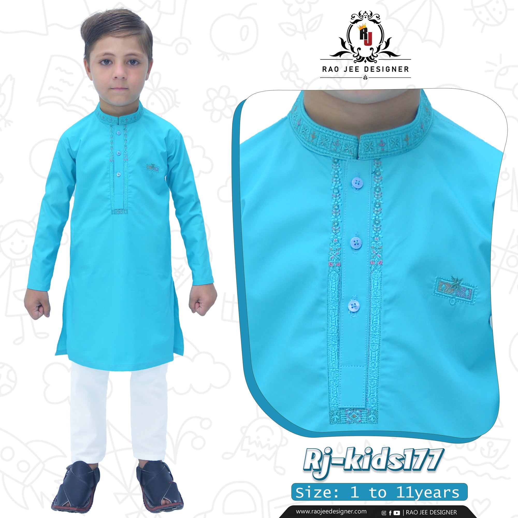 Light Blue Boy's cotton Kurta Pajama RJ - KIDS177 - Rao Jee Designer