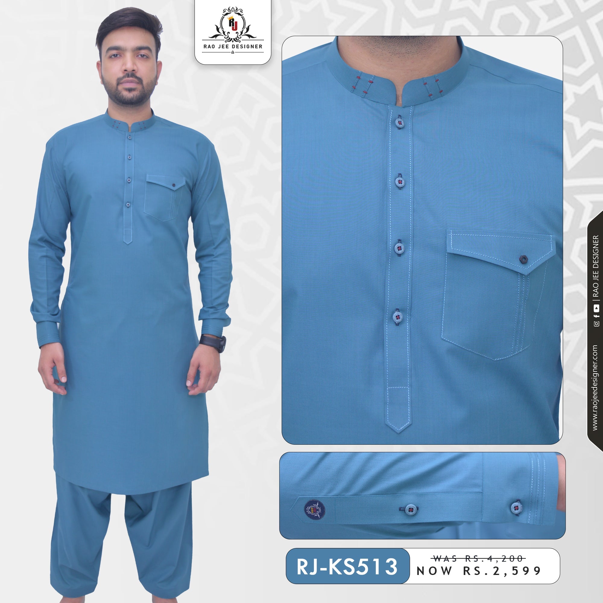 Light Blue Men's Kameez Shalwar Wash & Wear Ready To Wear RJ - KS513 - Rao Jee Designer