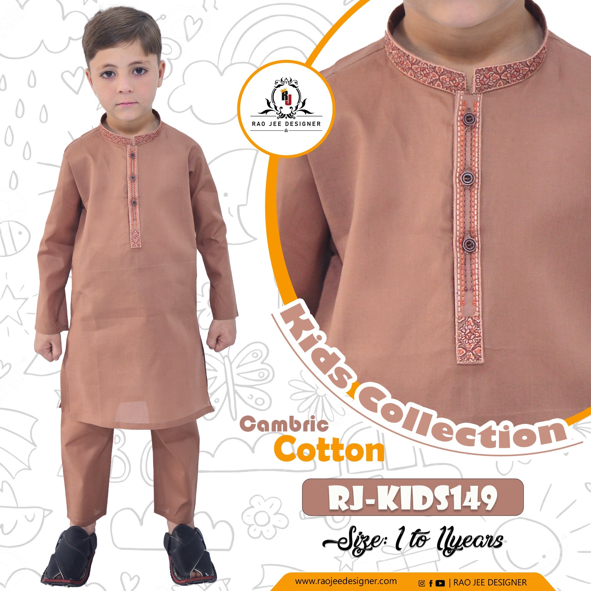 Light Brown Boy's cotton Kurta Pajama RJ - KIDS149 - Rao Jee Designer