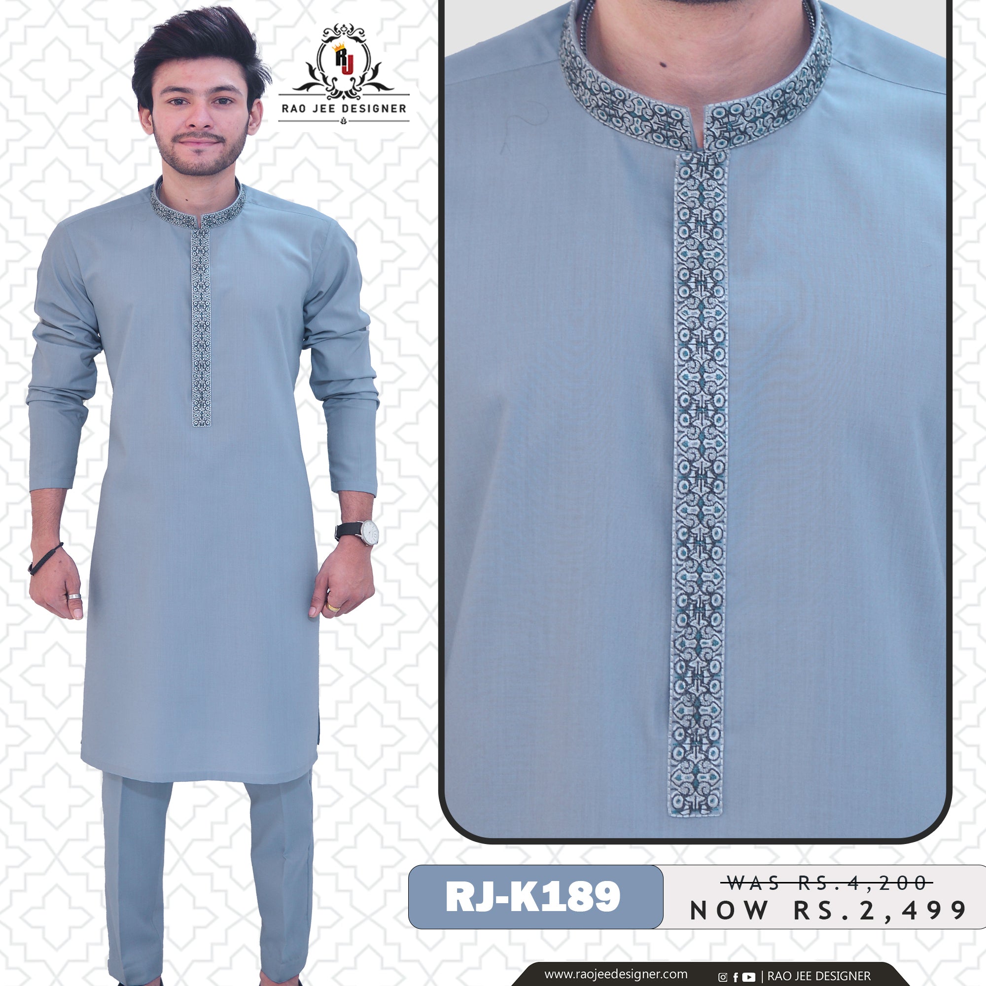 Light Grey Men's Kurta Pajama RJ - K189 - Rao Jee Designer
