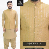Golden Men's Kameez Shalwar with Sequin embroidery Waistcoat (RJ-KSW114)