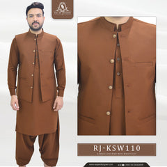 Rust Brown Men's Kameez Shalwar with Waistcoat (RJ-KSW110)