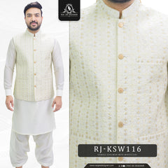 Cream Men's Kameez Shalwar with Sequin Embroidery Waistcoat (RJ-KSW116)