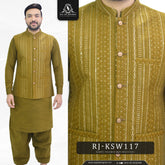Green Mehendi Men's Kameez Shalwar with Waistcoat (RJ-KSW117)