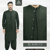 Dark Green Brown Men's Kameez Shalwar with Waistcoat (RJ-KSW113)