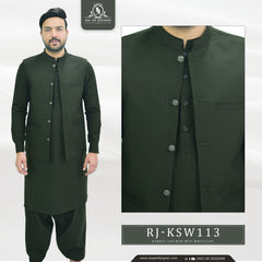 Dark Green Brown Men's Kameez Shalwar with Waistcoat (RJ-KSW113)