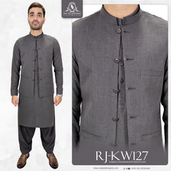 Charcoal Grey Men's Kameez Shalwar with Waistcoat (RJ-KSW127)