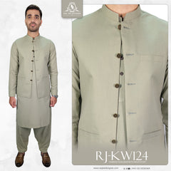 Sage Green Men's Kameez Shalwar with Waistcoat (RJ-KSW124)
