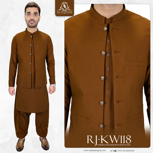 Rust Bronze Men's Kameez Shalwar with Waistcoat (RJ-KSW118)