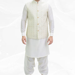 Cream Men's Kameez Shalwar with Sequin Embroidery Waistcoat (RJ-KSW116)