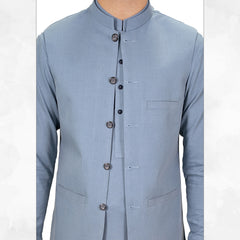 Light Steel Blue Men's Kameez Shalwar with Waistcoat (RJ-KSW123)