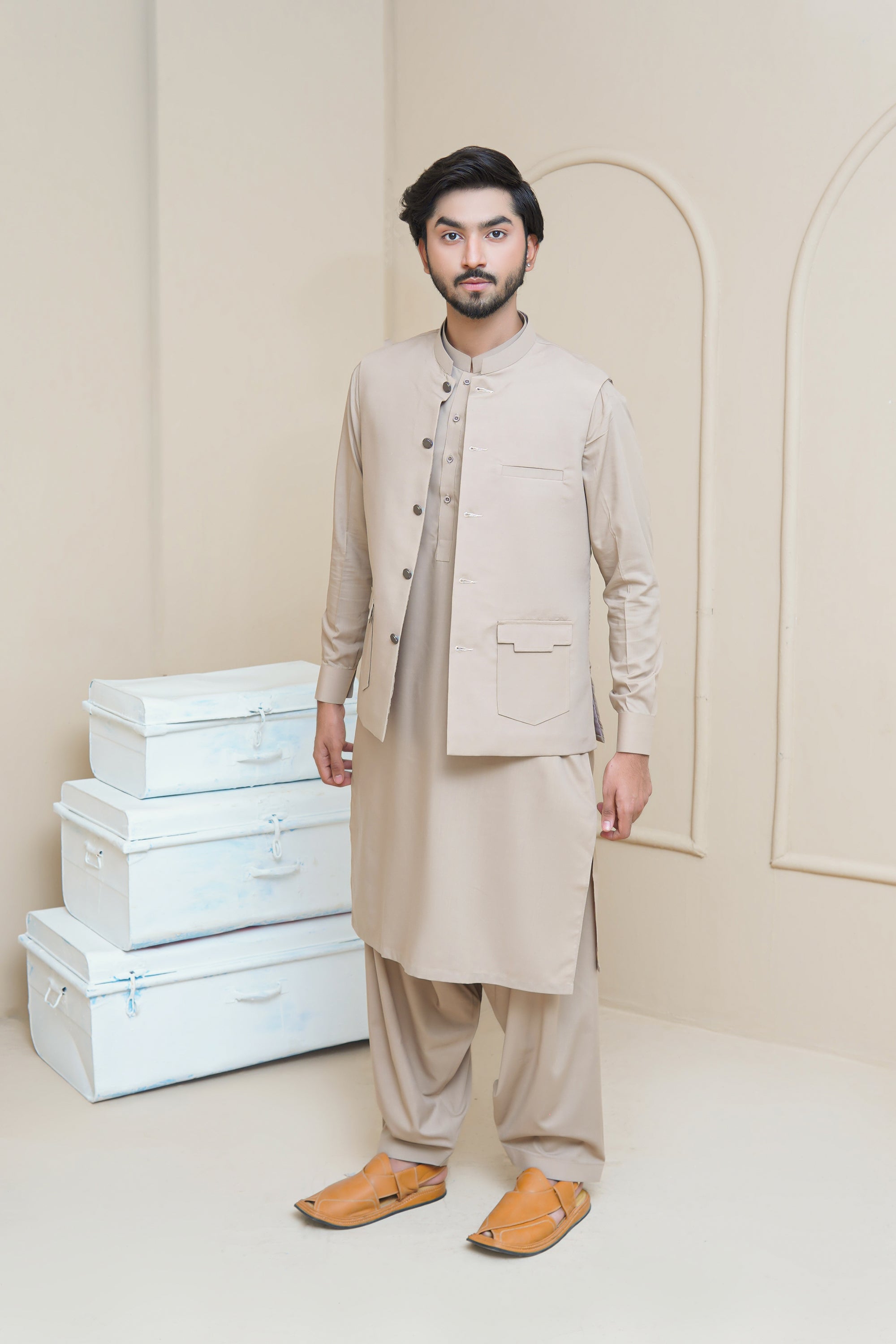 Light Beige Men's Kameez Shalwar with Waistcoat (RJ-KSW128)