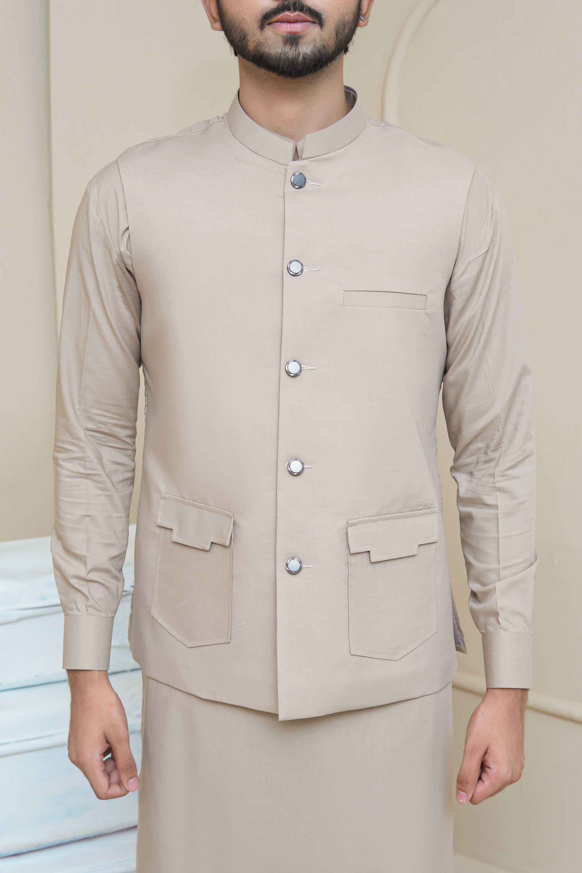 Light Beige Men's Kameez Shalwar with Waistcoat (RJ-KSW128)