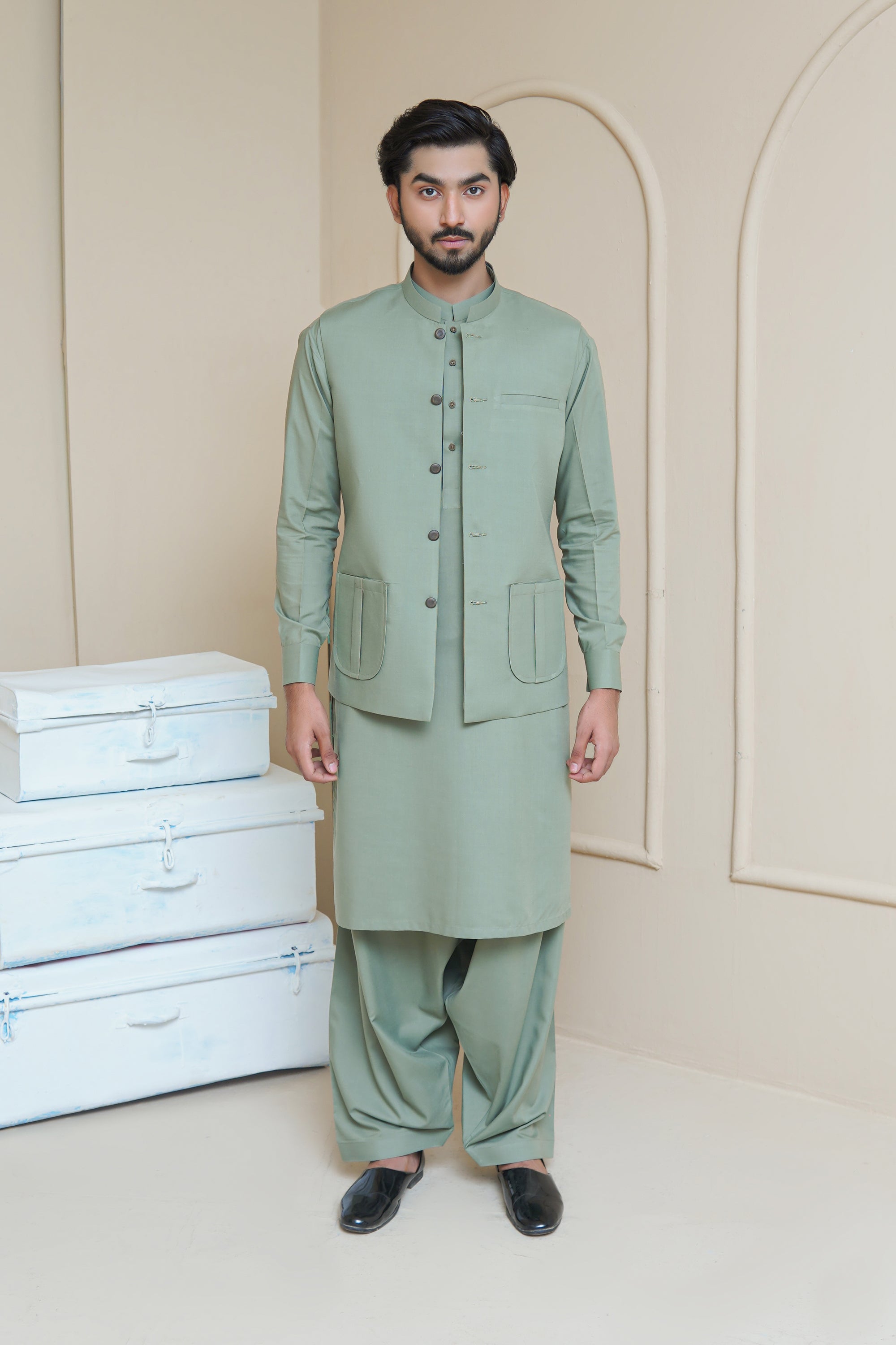 Misty Green Men's Kameez Shalwar with Waistcoat (RJ-KSW129)