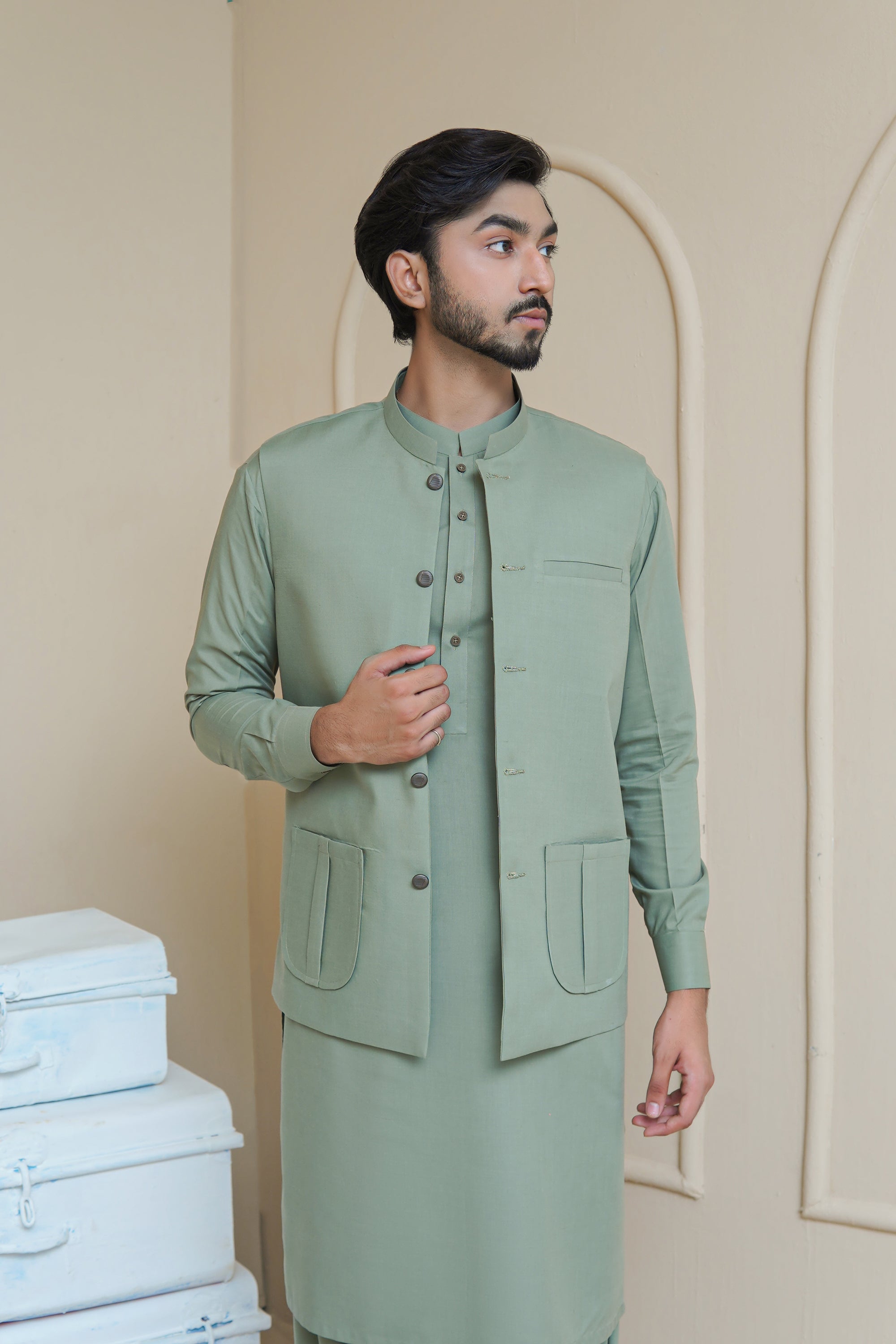 Misty Green Men's Kameez Shalwar with Waistcoat (RJ-KSW129)