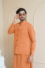 Burnt Orange Men's Kameez Shalwar with Waistcoat (RJ-KSW130)