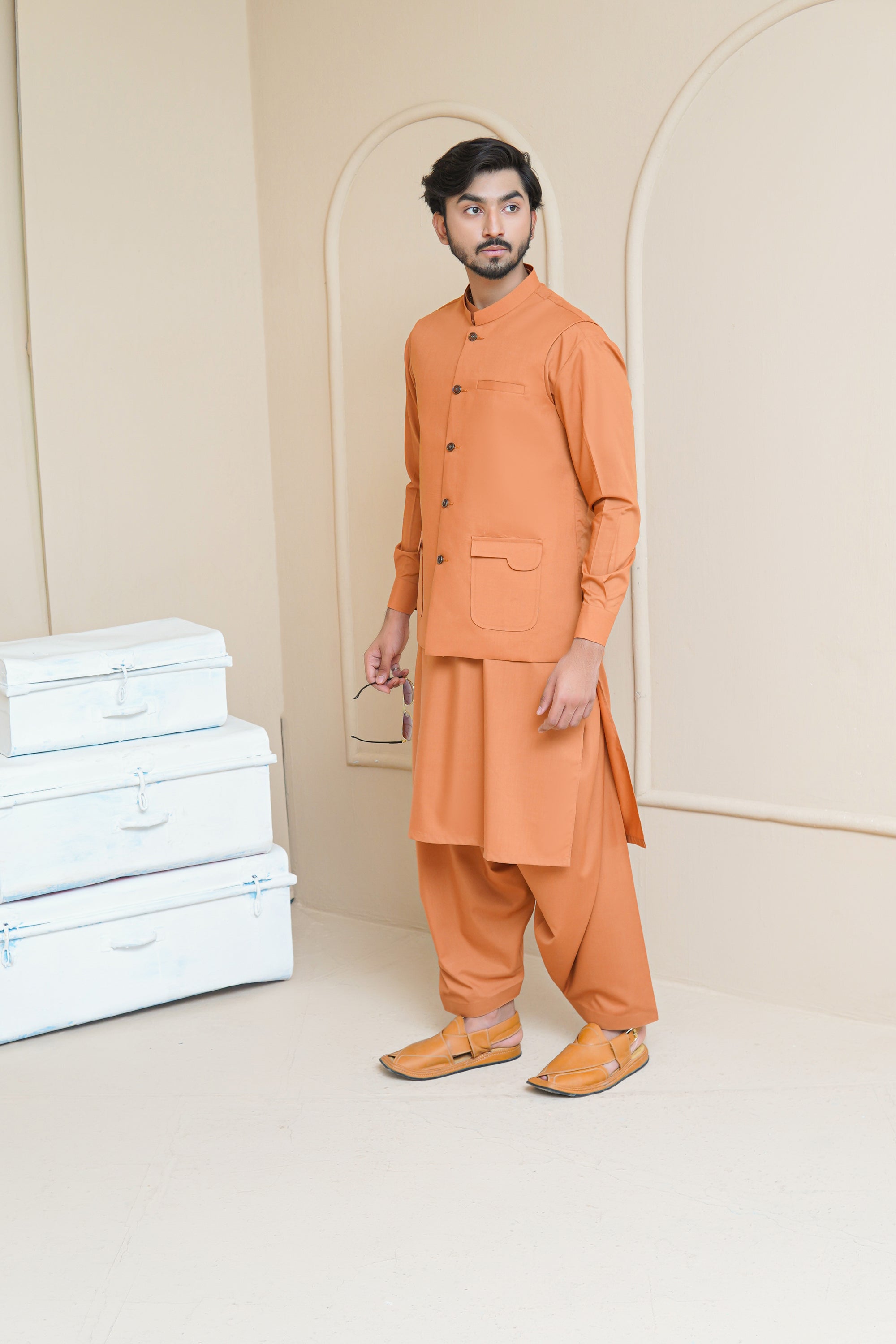 Burnt Orange Men's Kameez Shalwar with Waistcoat (RJ-KSW130)
