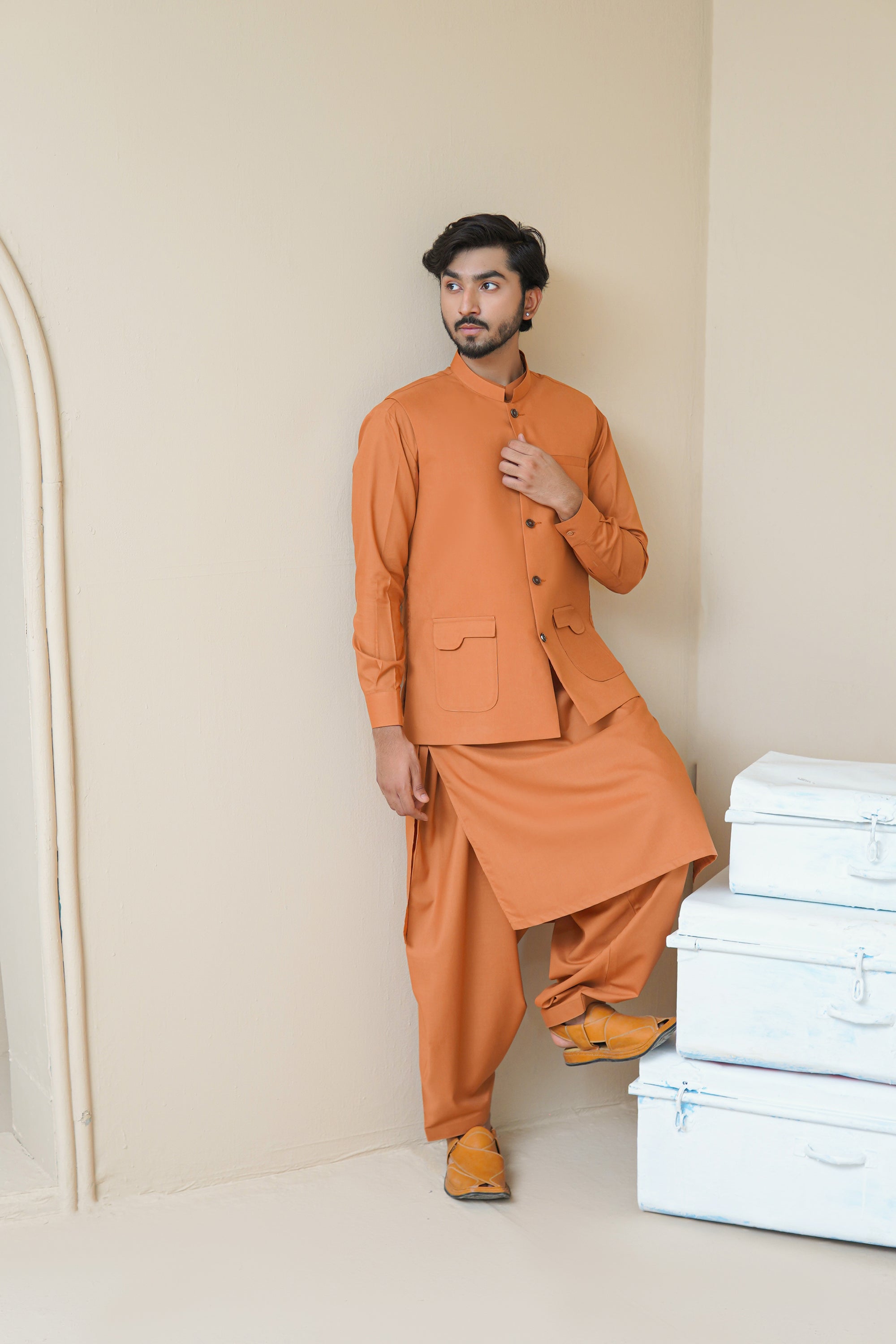 Burnt Orange Men's Kameez Shalwar with Waistcoat (RJ-KSW130)