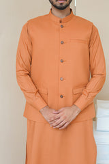 Burnt Orange Men's Kameez Shalwar with Waistcoat (RJ-KSW130)