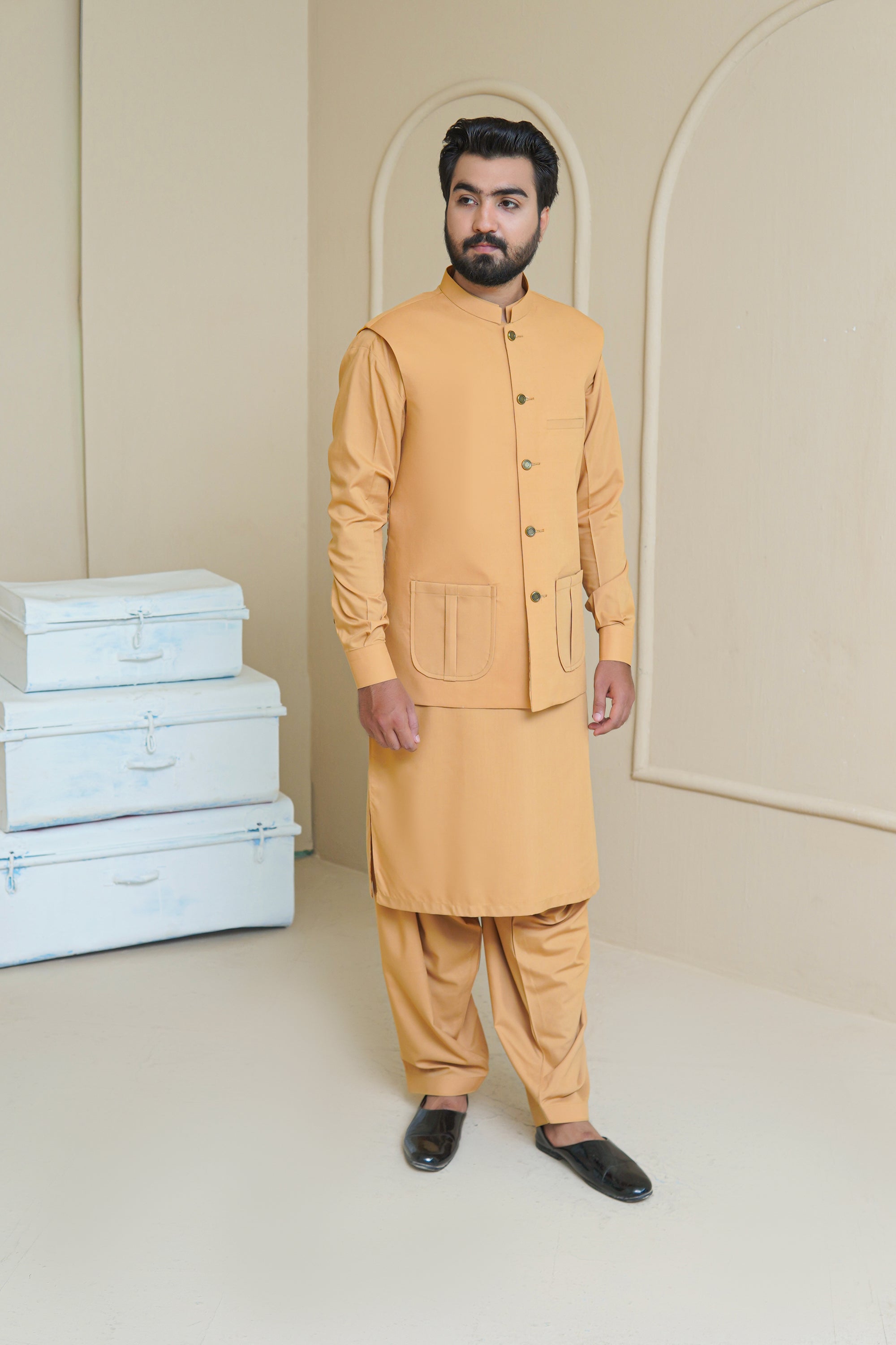 Golden Mustard Men's Kameez Shalwar with Waistcoat (RJ-KSW131)