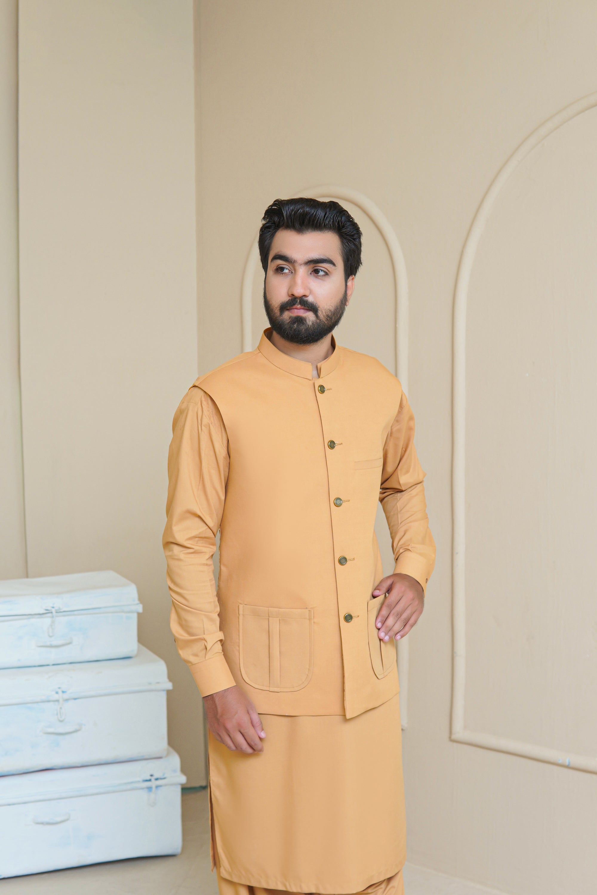 Golden Mustard Men's Kameez Shalwar with Waistcoat (RJ-KSW131)