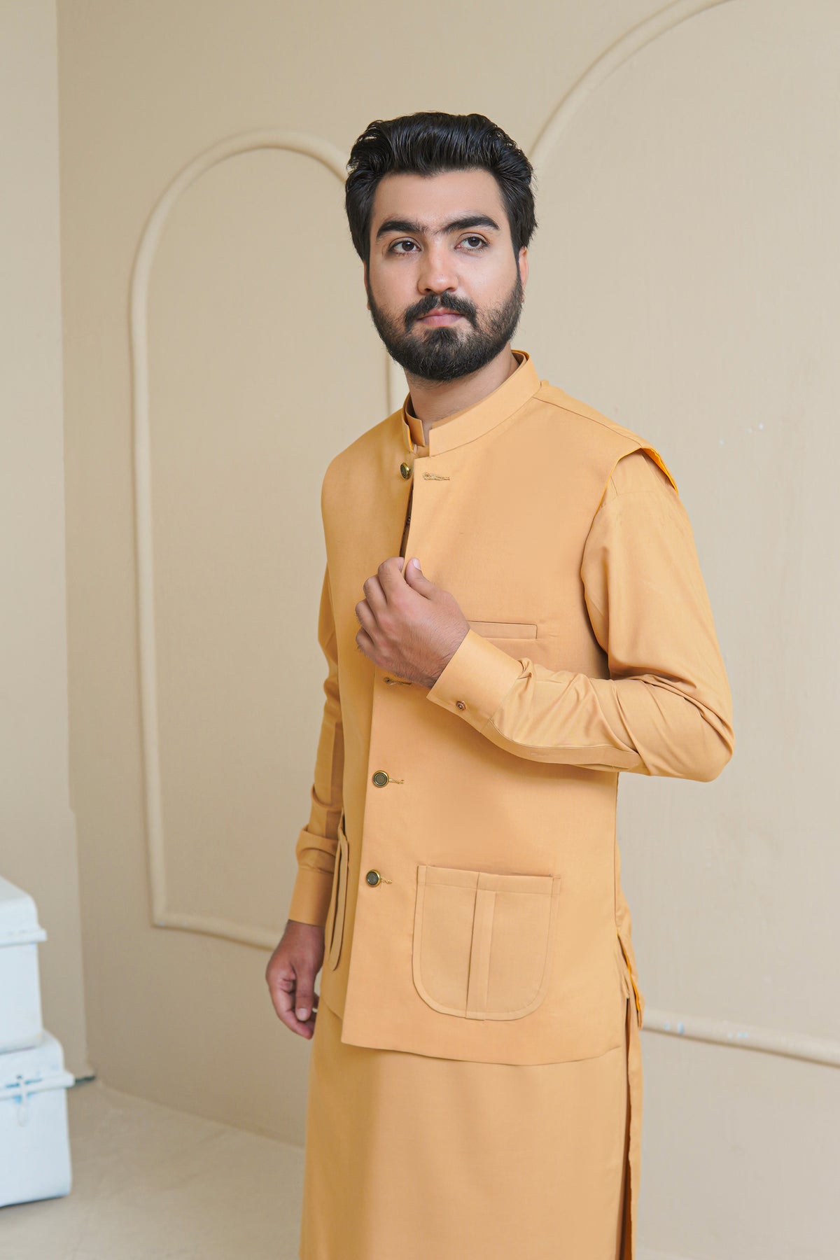 Golden Mustard Men's Kameez Shalwar with Waistcoat (RJ-KSW131)