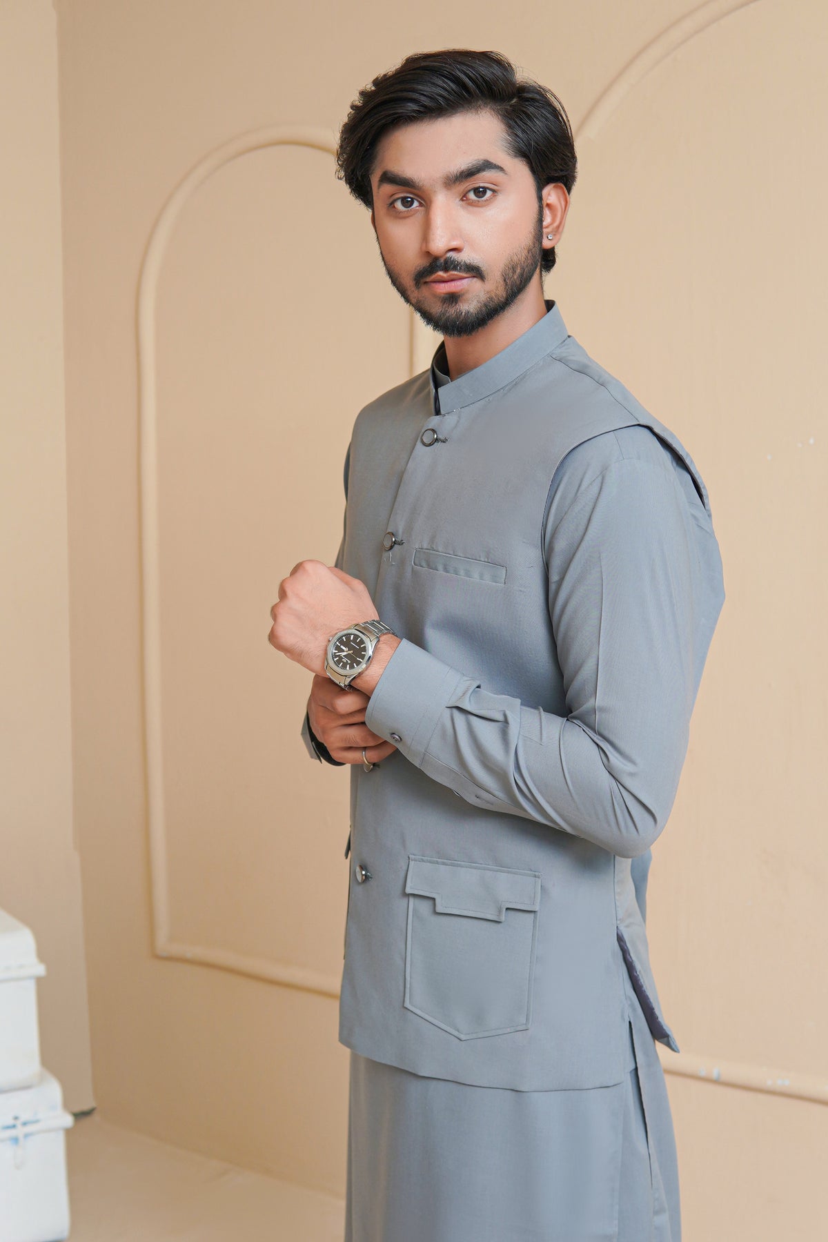 Cool Grey Men's Kameez Shalwar with Waistcoat (RJ-KSW132)