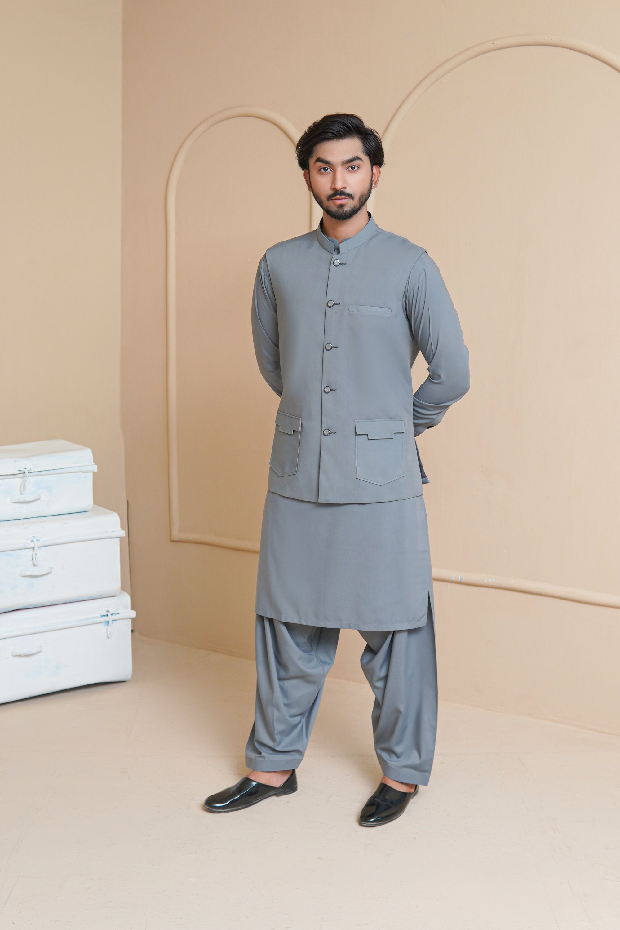 Cool Grey Men's Kameez Shalwar with Waistcoat (RJ-KSW132)