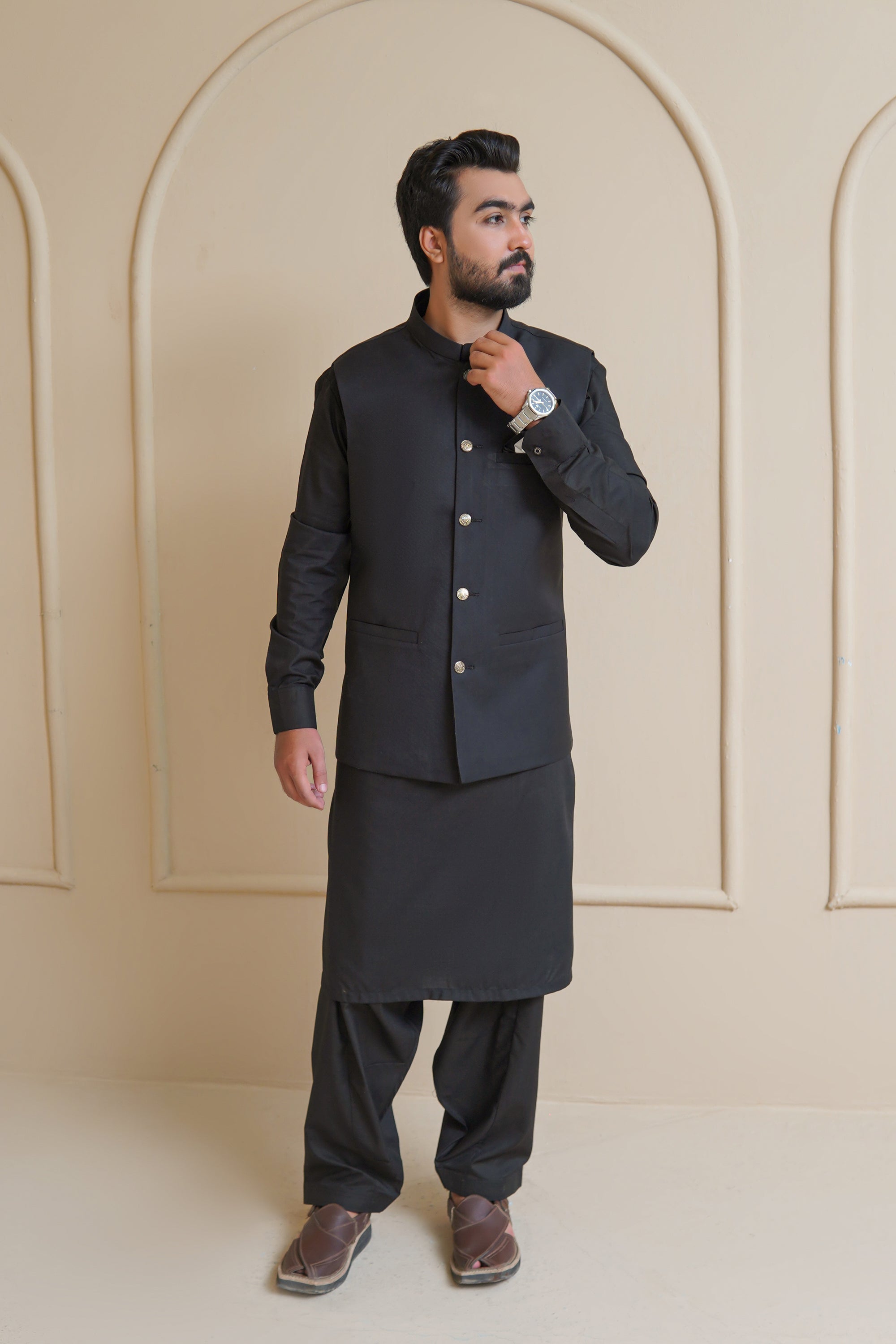 Jet Black Men's Kameez Shalwar with Waistcoat (RJ-KSW133)