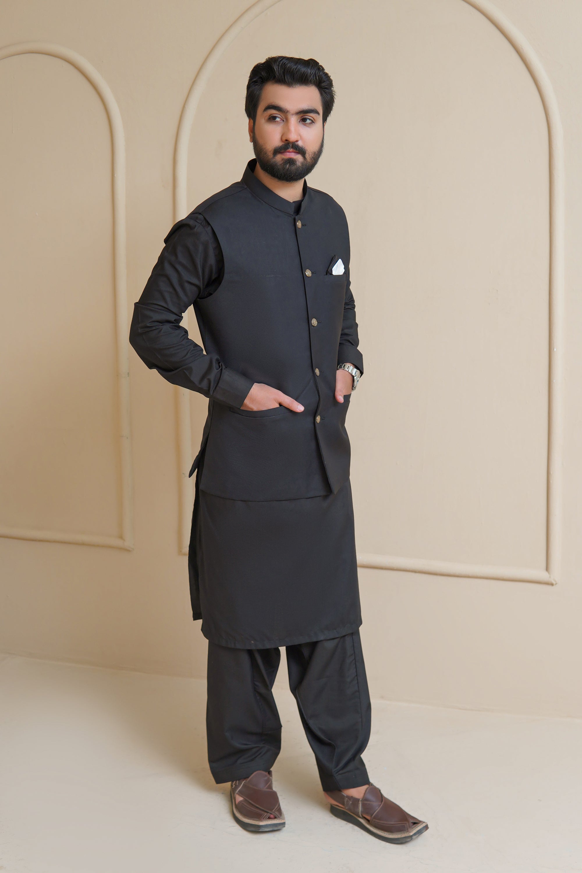 Jet Black Men's Kameez Shalwar with Waistcoat (RJ-KSW133)