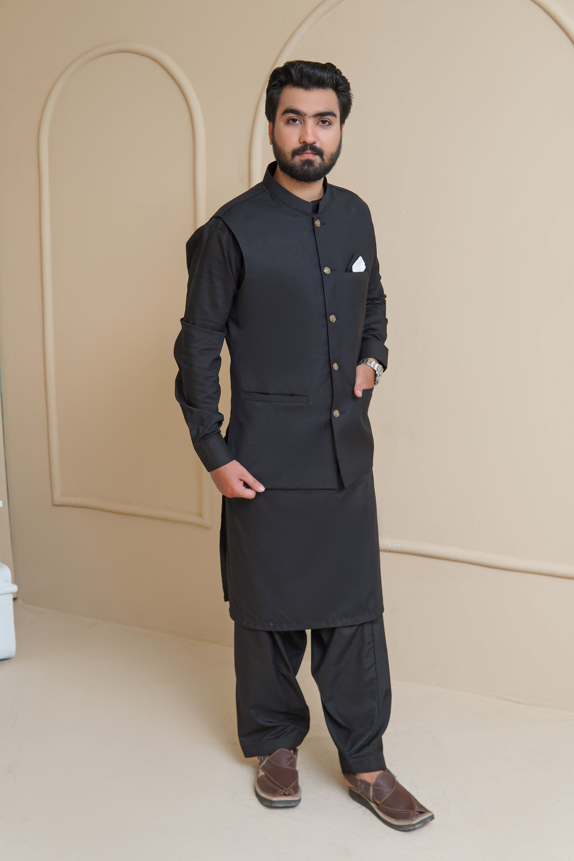 Jet Black Men's Kameez Shalwar with Waistcoat (RJ-KSW133)
