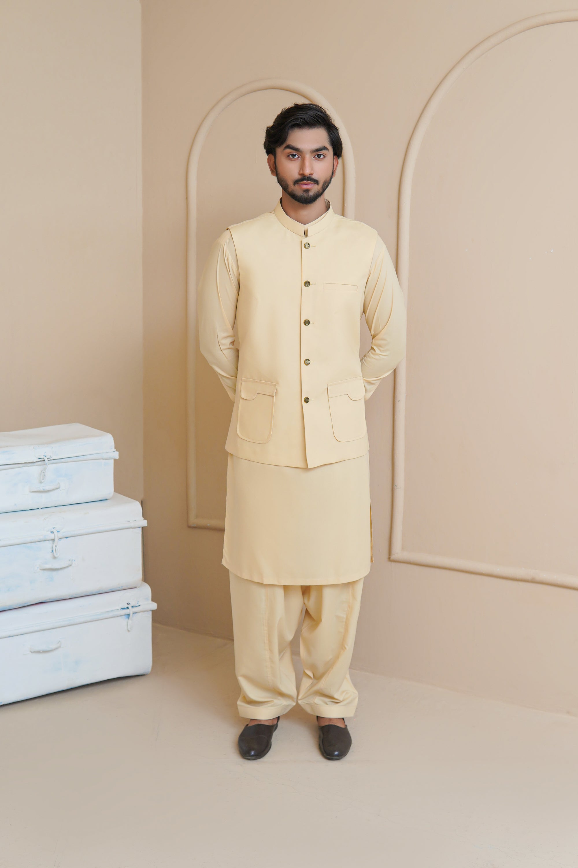 Light Khaaki Men's Kameez Shalwar with Waistcoat (RJ-KSW134)