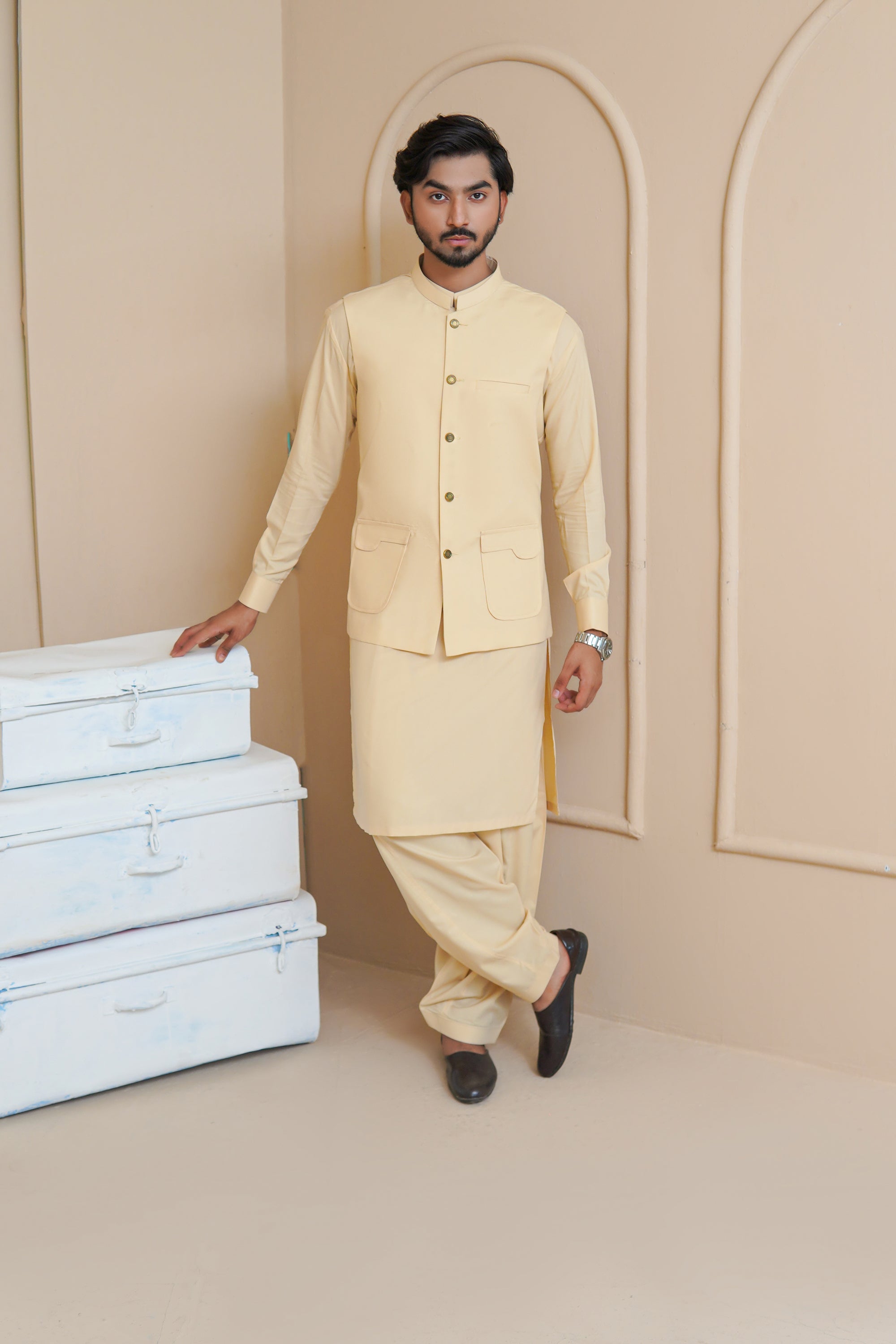 Light Khaaki Men's Kameez Shalwar with Waistcoat (RJ-KSW134)