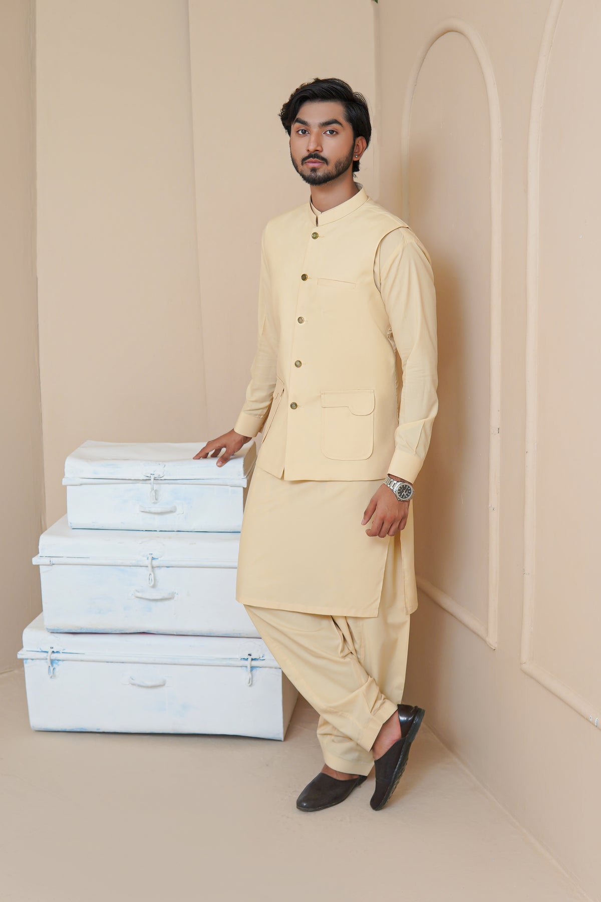 Light Khaaki Men's Kameez Shalwar with Waistcoat (RJ-KSW134)