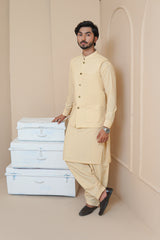Light Khaaki Men's Kameez Shalwar with Waistcoat (RJ-KSW134)